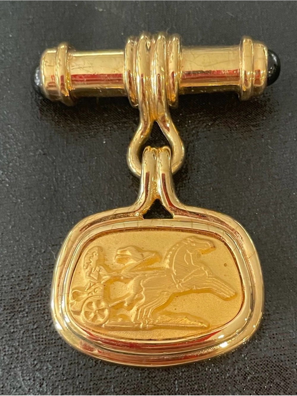 Unique Vintage Chariot Dangle Goldtone Brooch With Black Stone Accents.